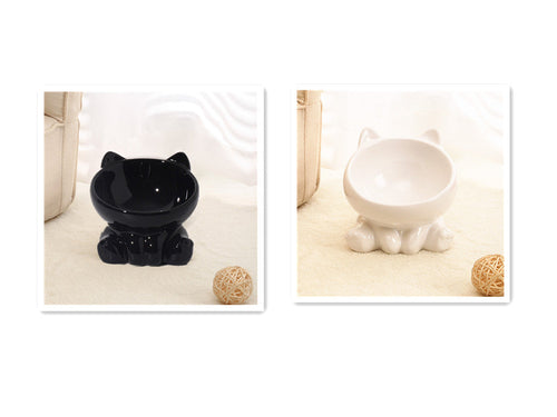 Ceramic cat bowls with neck guard and oblique mouth design for pets.