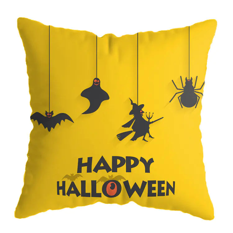 Linen Skull Halloween Pillow Cover with yellow background and hanging Halloween designs, perfect for spooky decor.