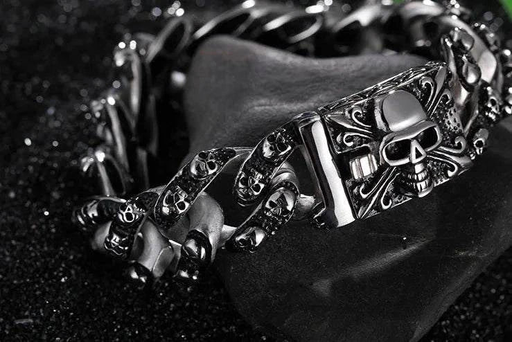 Titanium Steel Skull Men's Bracelet with edgy geometric skull design on black background.