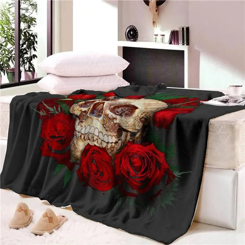 Red Rose Skull Blanket, Fleece Throw, Skull Head Blanket