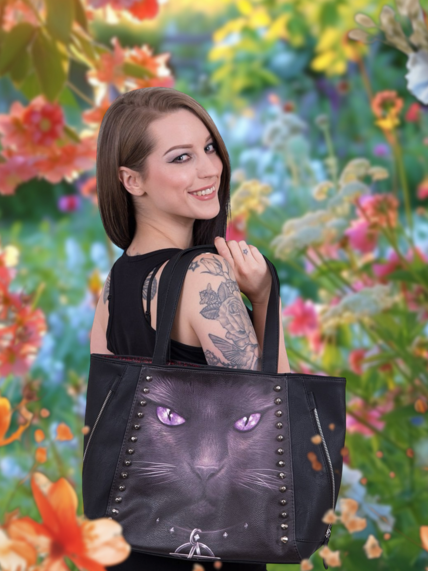 BLACK CAT tote bag with purple-eyed cat design and studded PU leather.