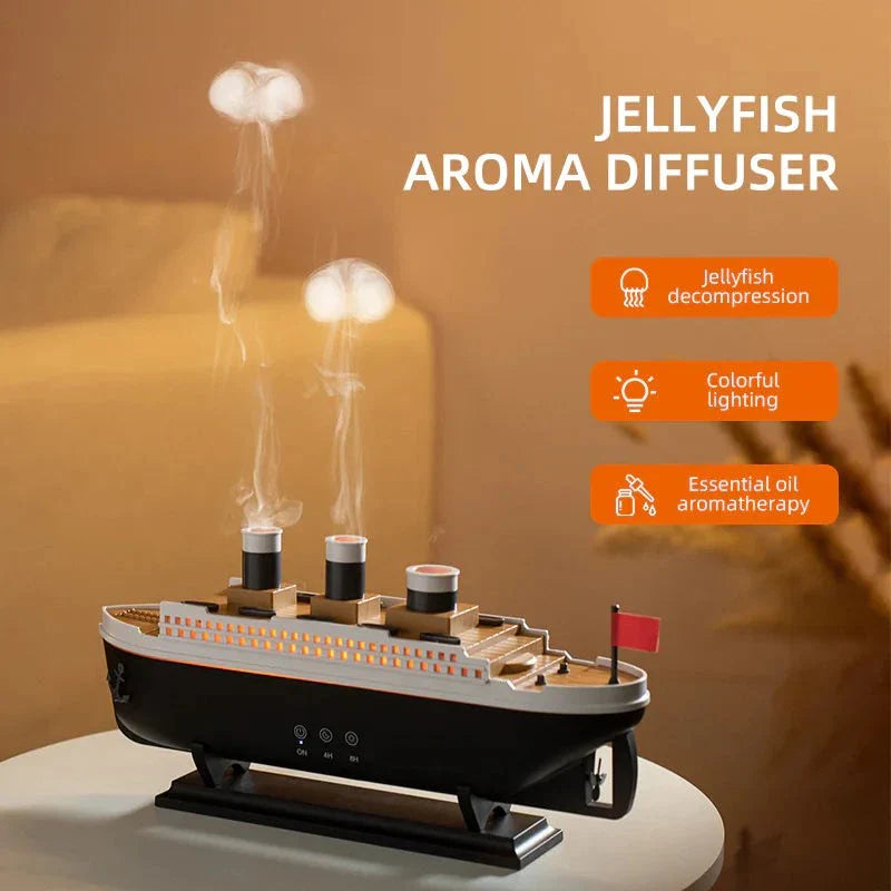 Essential Oil Diffuser with thick mist in a steamship design, featuring LED lights, on a table.