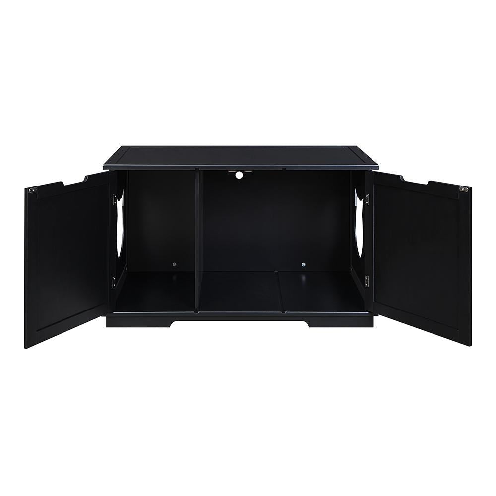 X-Large cat washroom bench with open doors, black wooden cabinet design.