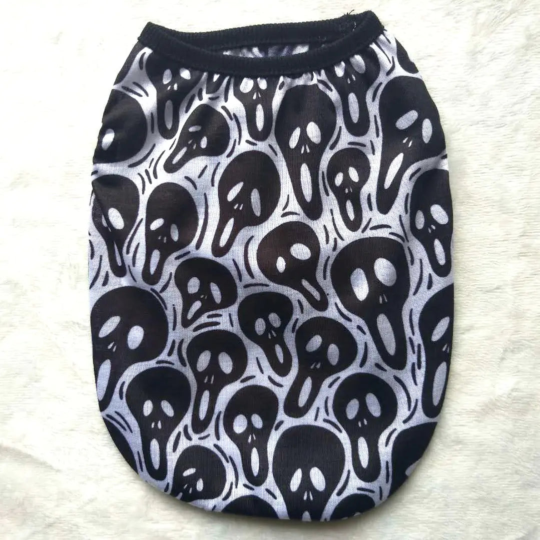 Spooky Season Pet Shirt featuring black skull ghost heads, perfect Halloween pet attire.