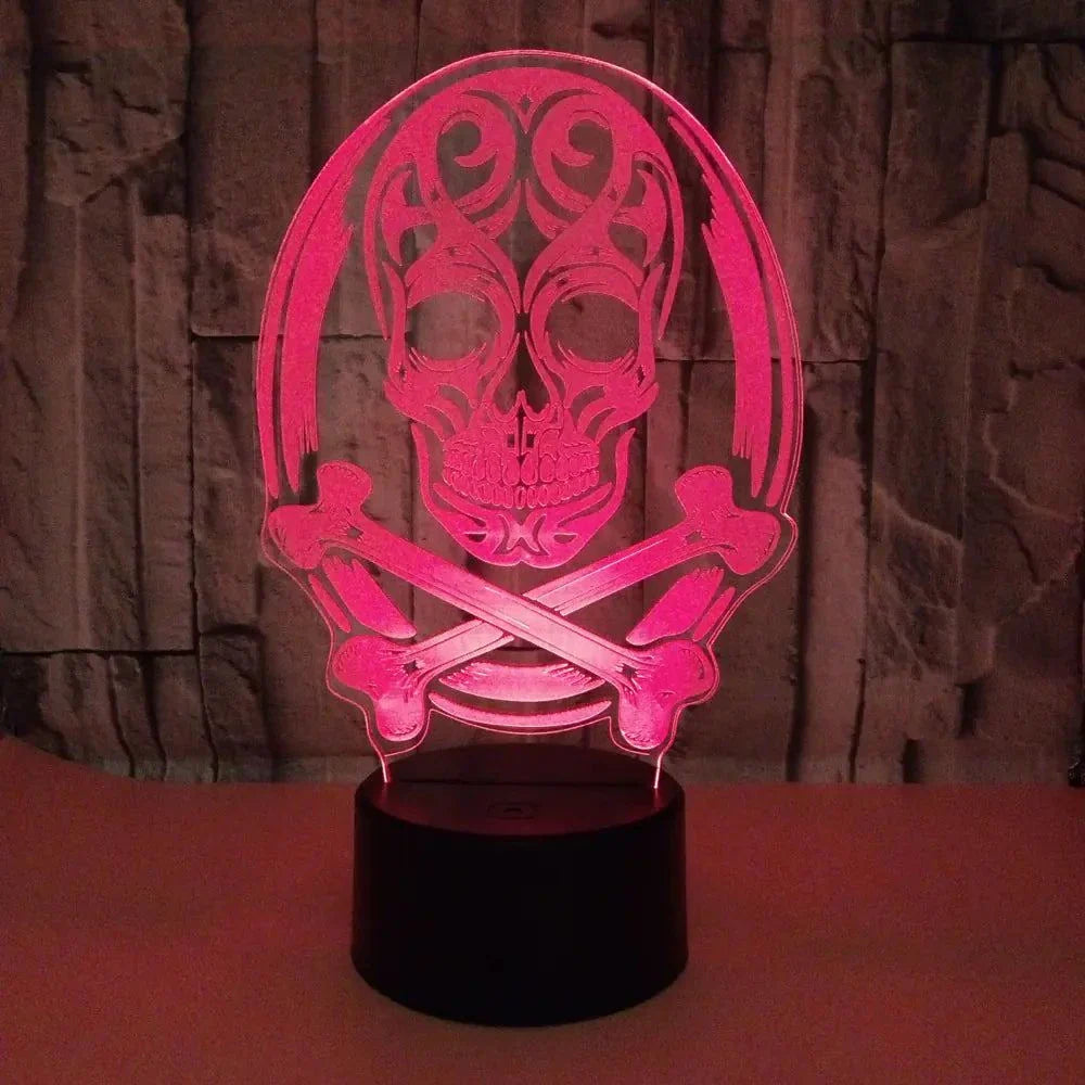3D Skull Night Light in red illuminating against a textured wall.