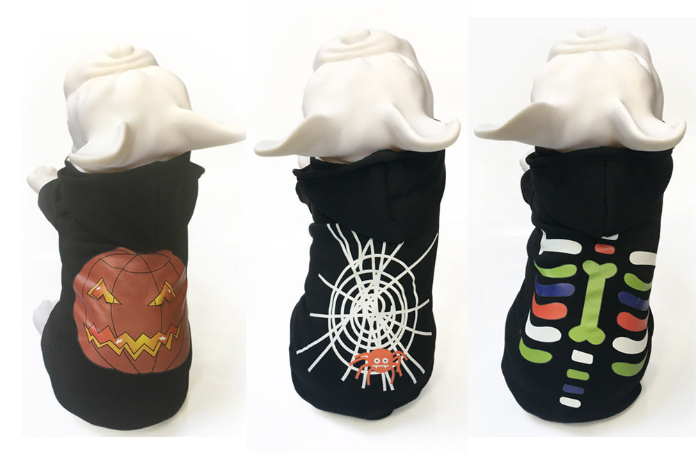 Skull printed cotton dog ghost day coat with Halloween pumpkin, spider web, and skeleton designs.