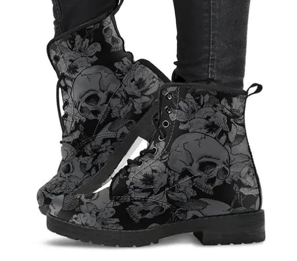 Chic skull pattern ankle boots with floral design and square heel.
