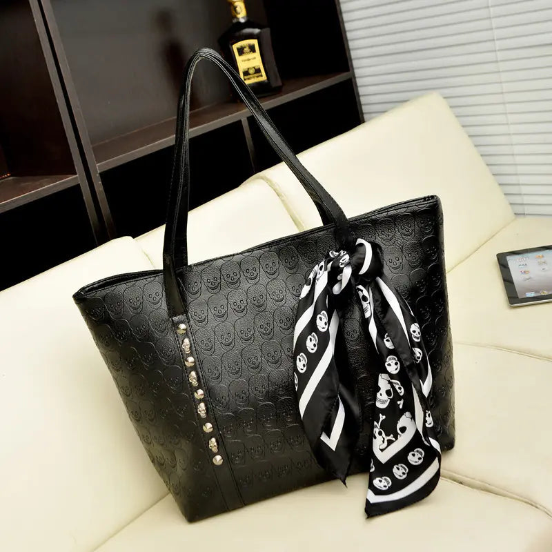 Chic Skull Embossed Tote Bag with PU Material and Flower Details