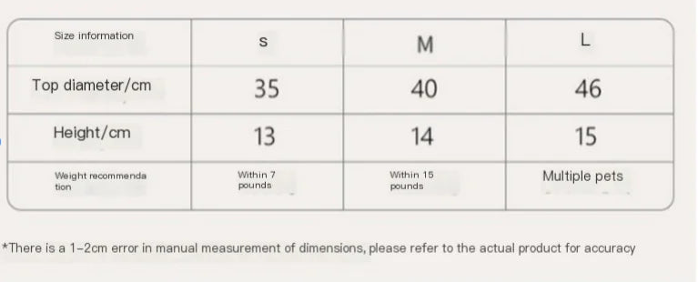 Size chart for Handmade Pet Bed showing dimensions and weight recommendations for small, medium, and large sizes.