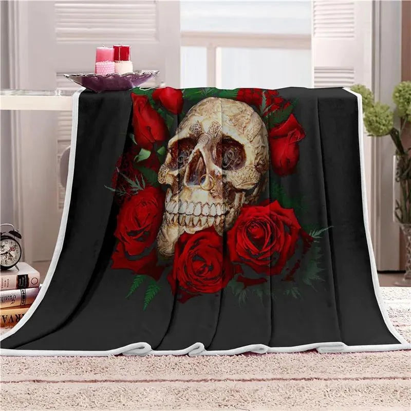 Red Rose Skull Blanket, Fleece Throw, Skull Head Blanket