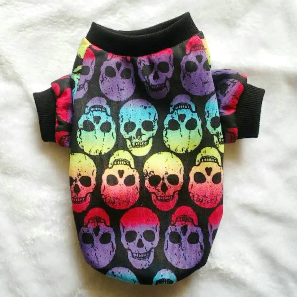 Colorful skull motif pet shirt for Halloween, spooky season pet shirts.