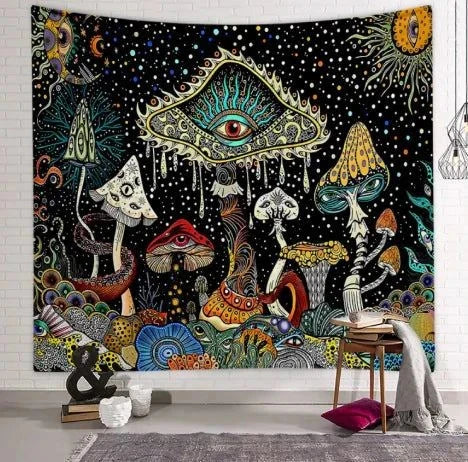 Polyester Skull Mushroom Tapestry with geometric abstraction design.