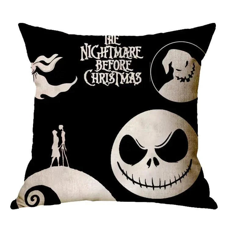 Linen Skull Halloween Pillow Cover with spooky design and "The Nightmare Before Christmas" theme.