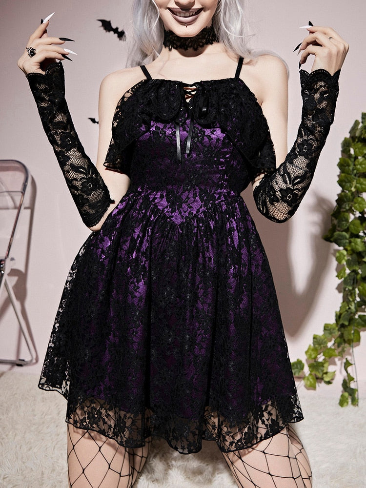 Dress - Purple Gothic Lace Up Back Halloween Costume Without Gloves