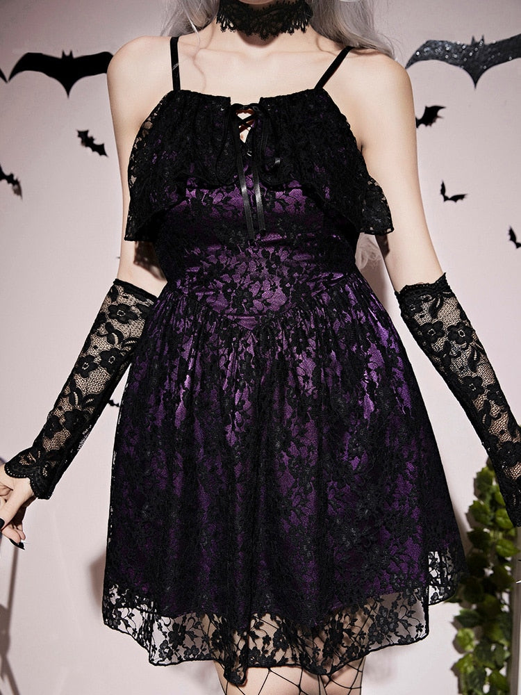 Dress - Purple Gothic Lace Up Back Halloween Costume Without Gloves