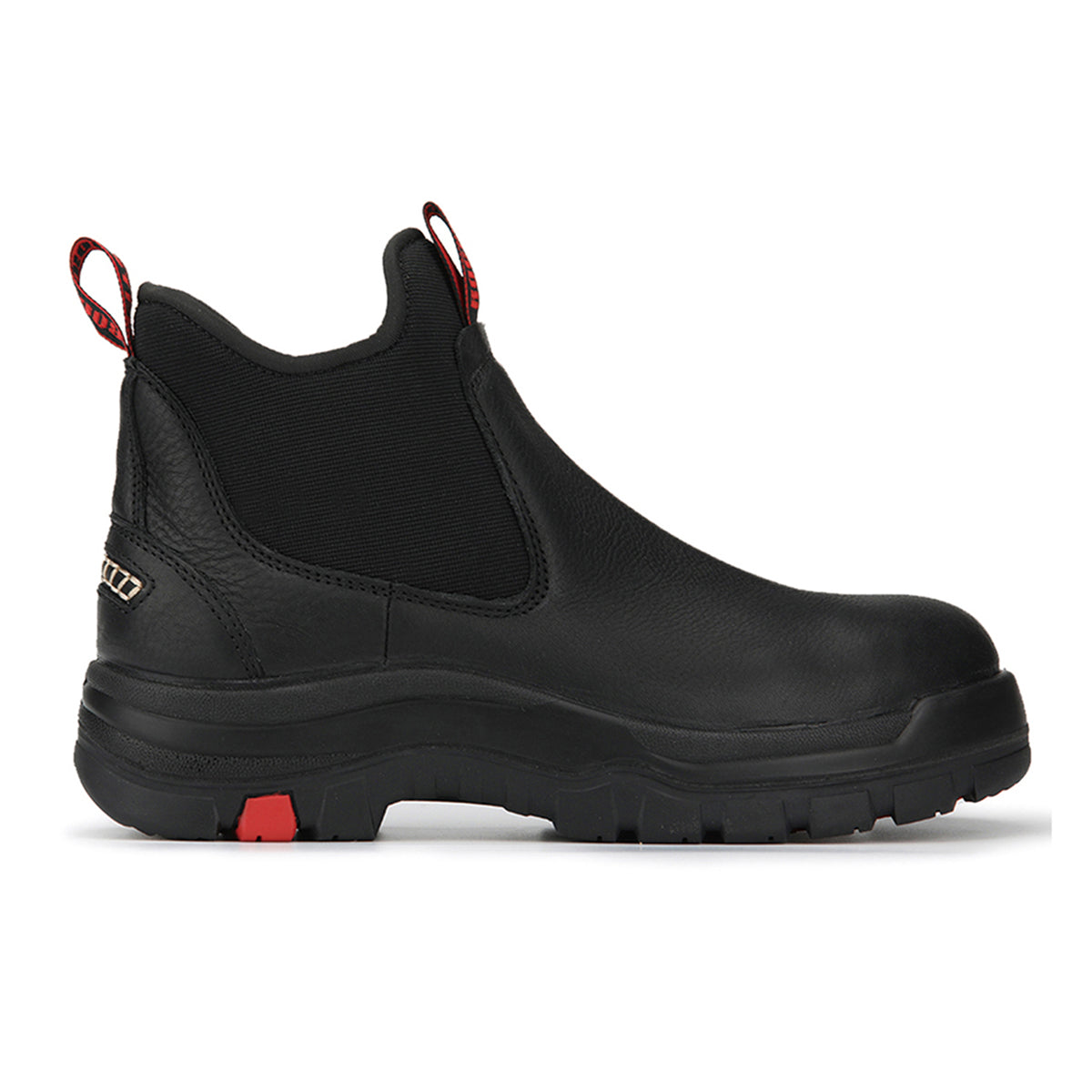 Black leather waterproof ROCKROOSTER Bakken 6 inch work boots with slip-resistant rubber outsole.