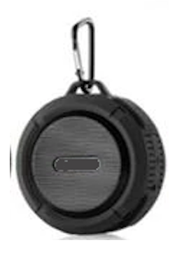 Mini portable waterproof Bluetooth speaker with suction cup and hook attachment.