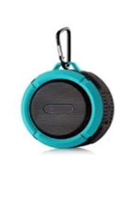 Mini portable waterproof Bluetooth speaker with suction cup and hook.