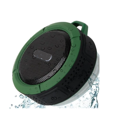 Mini portable waterproof Bluetooth speaker with suction cup floating in water.