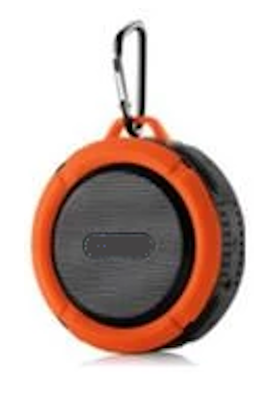 Mini portable waterproof Bluetooth speaker with suction cup and hook, orange color.