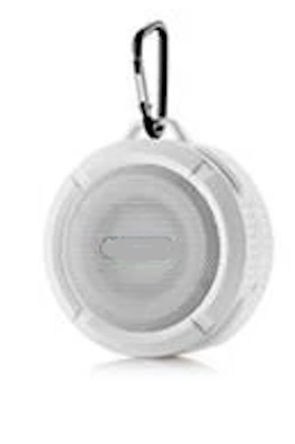 Mini portable waterproof Bluetooth speaker with suction cup and hook.