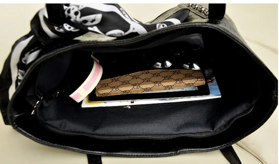 Chic Skull Embossed Tote Bag with PU Material and Flower Details
