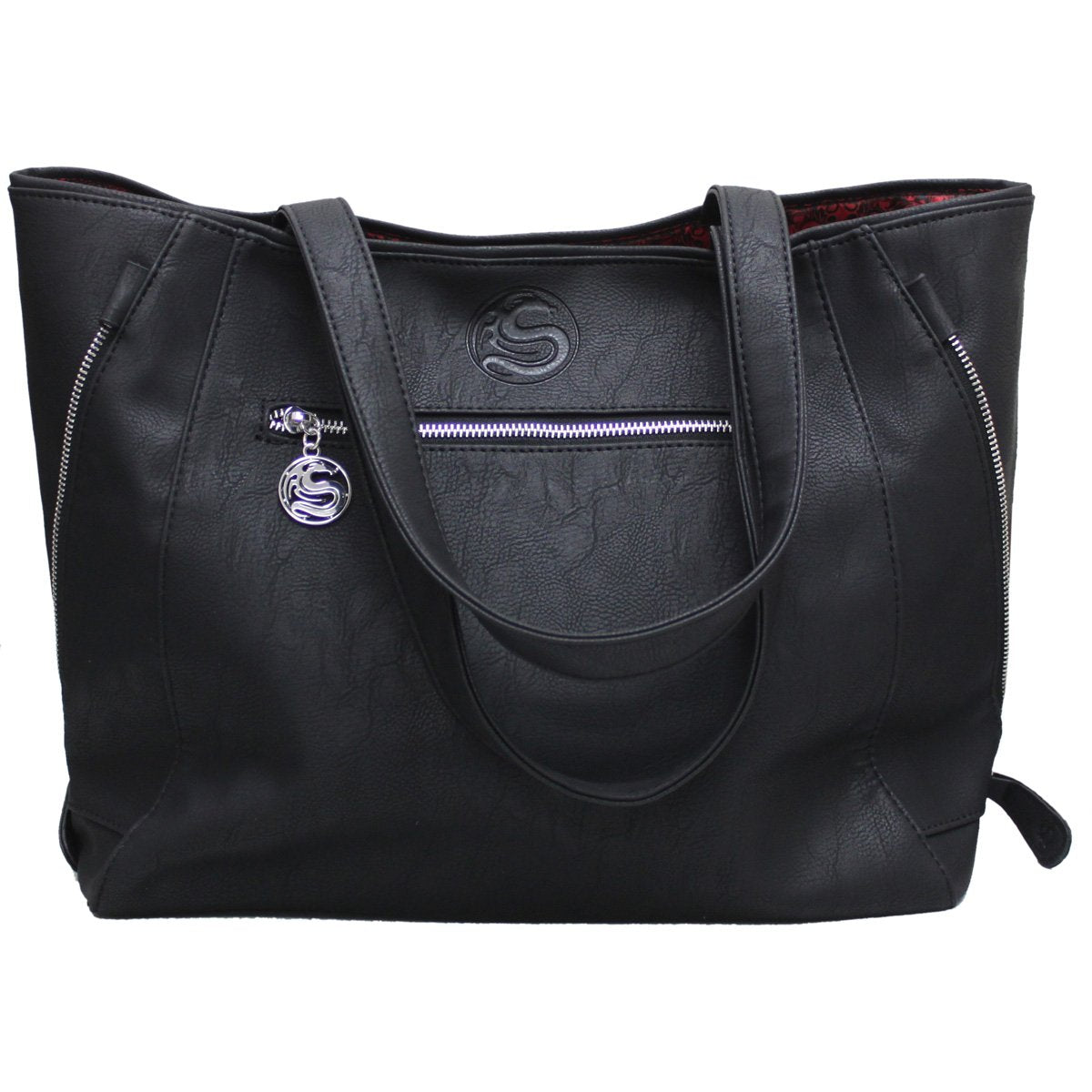 BLACK CAT - Tote Bag in studded PU leather with mystical design and purple-eyed cat motif.