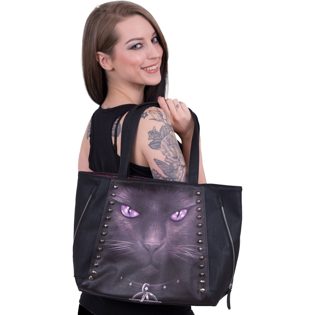 BLACK CAT - Tote Bag in PU Leather with purple-eyed cat design and studded detail.