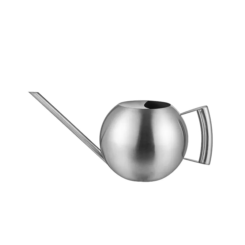 Stainless steel spherical watering can with a long spout for indoor plants.