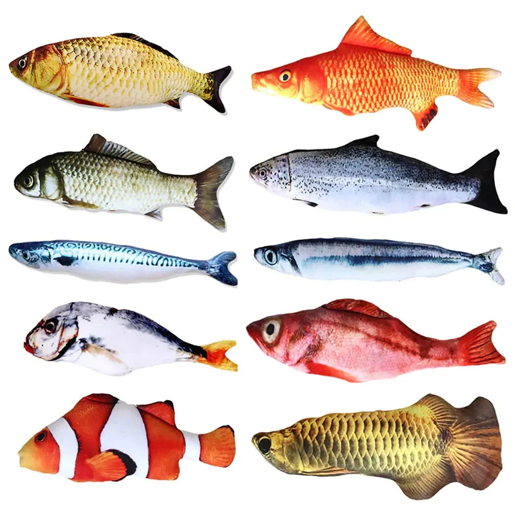Vibrant fish-shaped pet toys in various designs, made from durable plush material, filled with catnip, 20cm size.