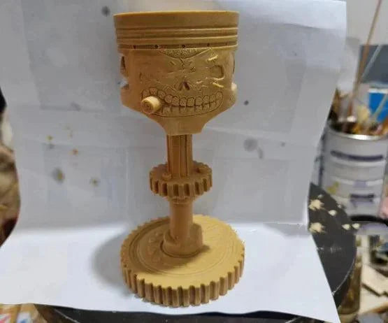 Gear Skull Resin Sculpture with intricate gear details and steampunk aesthetic, perfect for home or office decor.