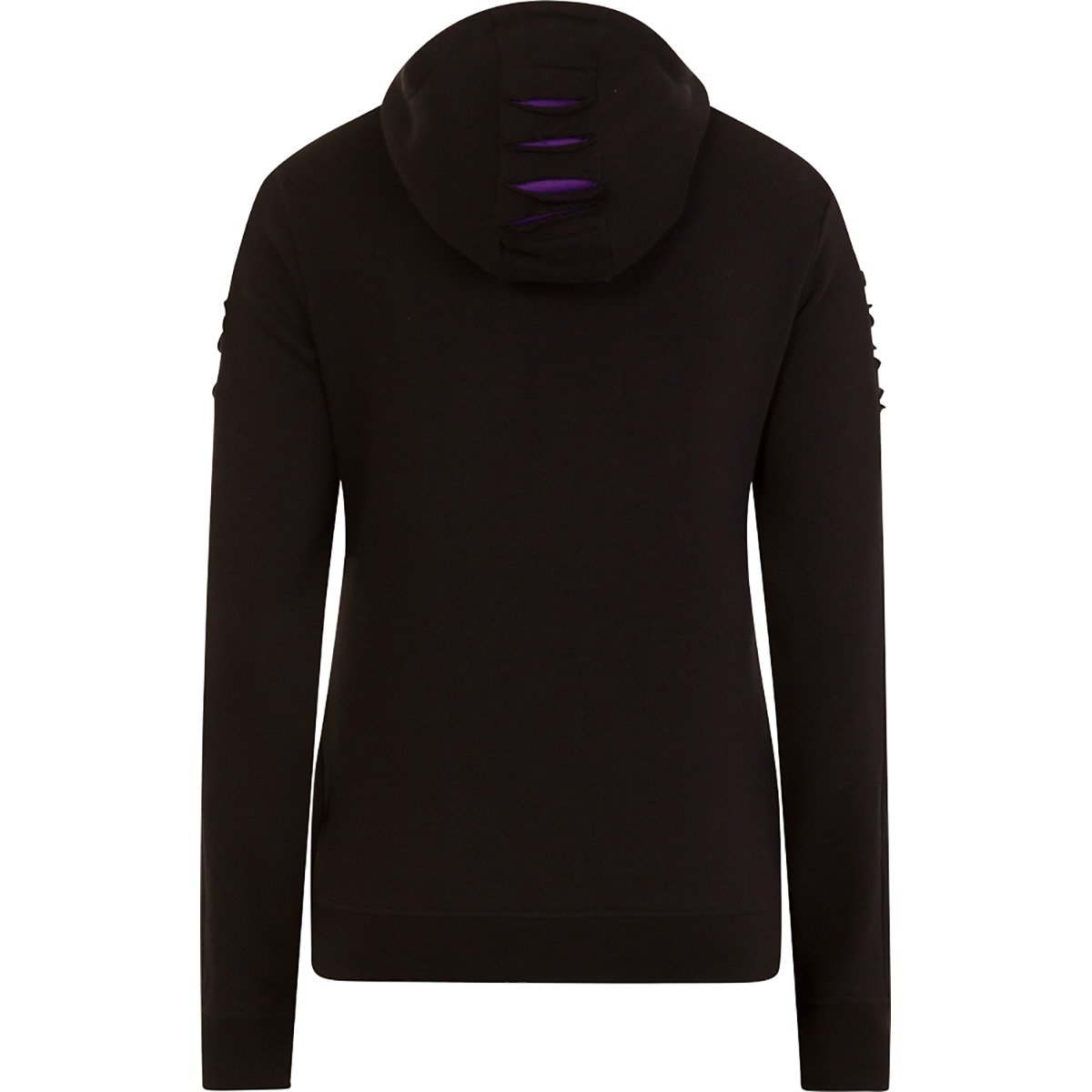 Large hood ripped hoody in purple-black with a cute kitten illustration, made from 100% cotton fleece.
