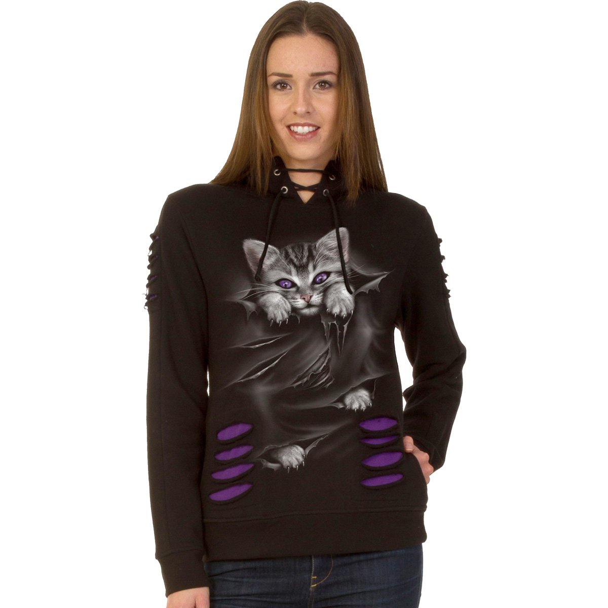 Large hooded ripped hoody with purple-eyed kitten design, purple-black.