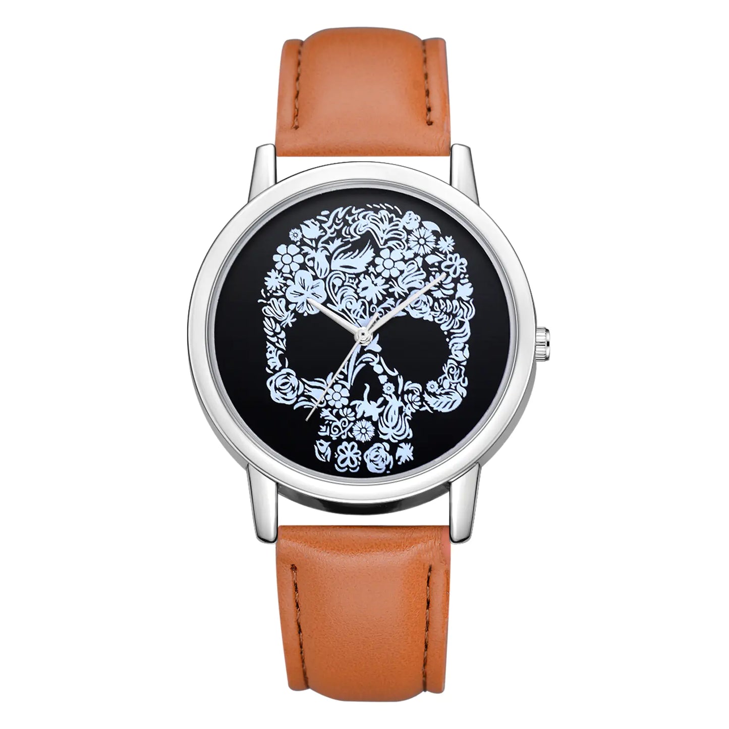 Skull Icon Quartz Watch with floral skull design and light blue strap.