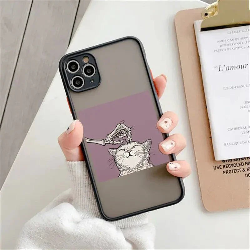 Creative Skull Print Phone Case with cat and rose design, protective TPU and PC material, compatible with iPhone models.
