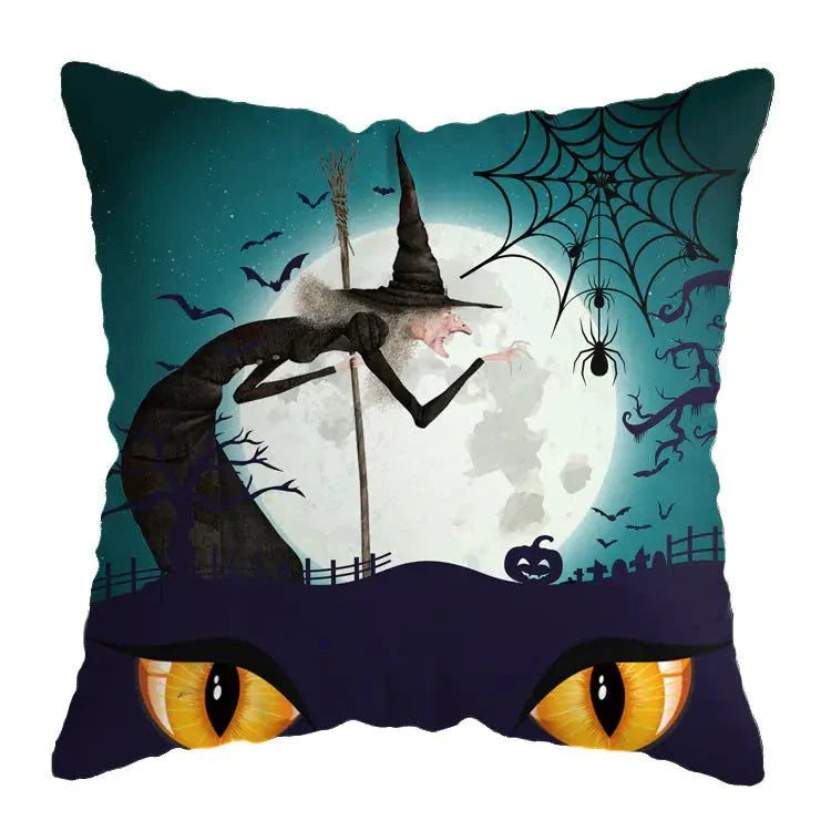 Linen Skull Halloween Pillow Cover with spooky witch and moon design, 45x45cm, perfect for festive decor.