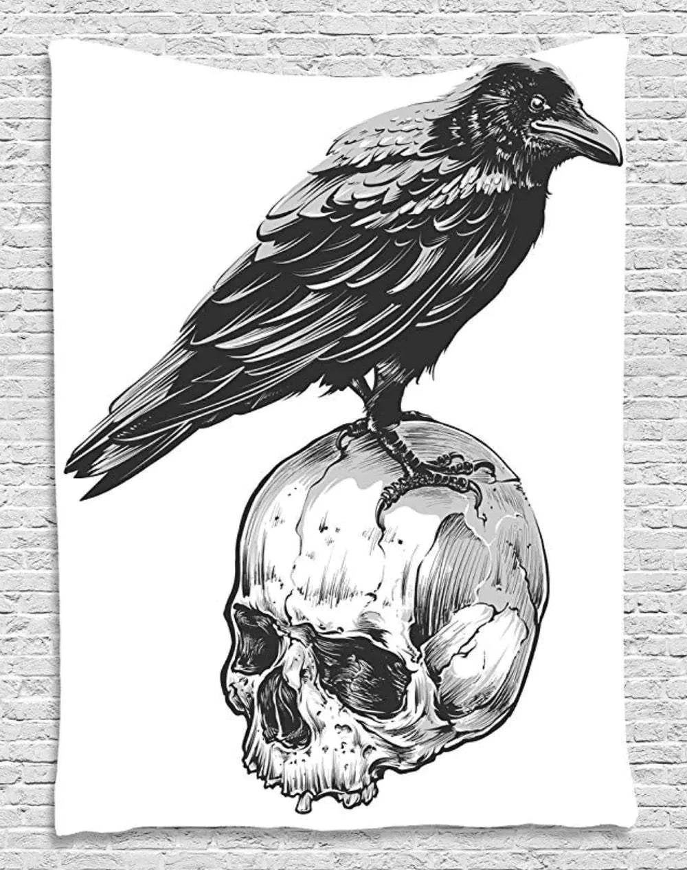 Bird and Skull Tapestry featuring a crow perched on a skull design.