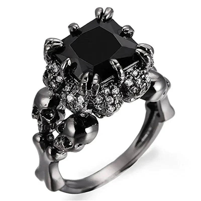 Fashion Black Skull Zircon Ring with skull design and sparkling zircon gems.