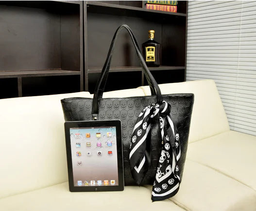 Chic Skull Embossed Tote Bag with PU Material and Flower Details