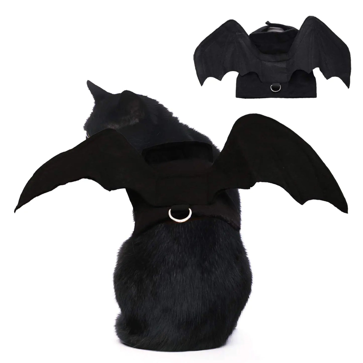 Small pet dressed in ShadowBat costume with black felt bat wings, ideal for Halloween or parties.
