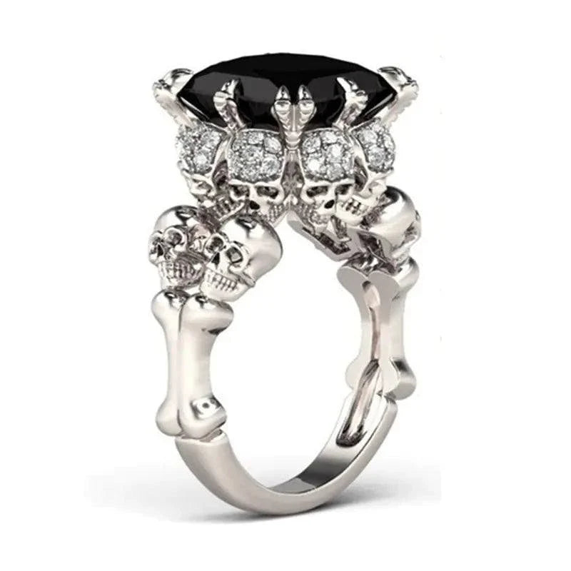 Fashion Black Skull Zircon Ring with skull design and sparkling zircon gems.