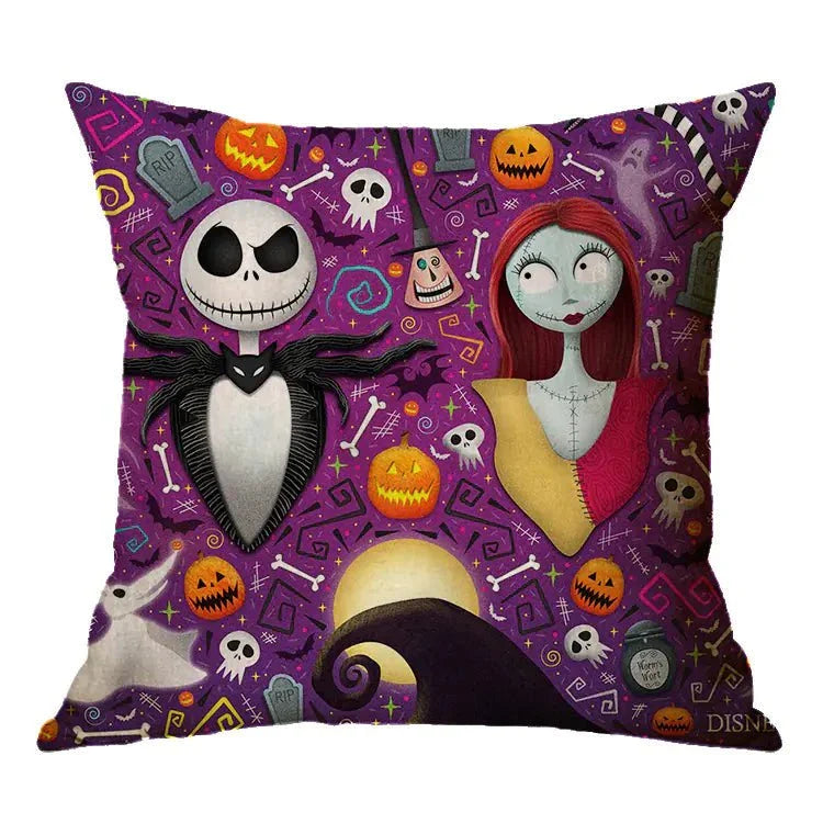 Linen Skull Halloween pillow cover with vibrant design, featuring skulls and Halloween motifs on high-quality linen, 45x45cm.