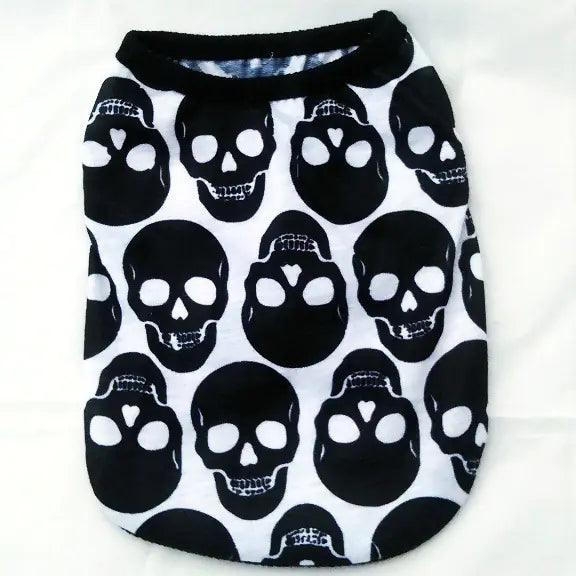 Spooky Season Pet Shirt with black skull motifs on white fabric, perfect for Halloween.