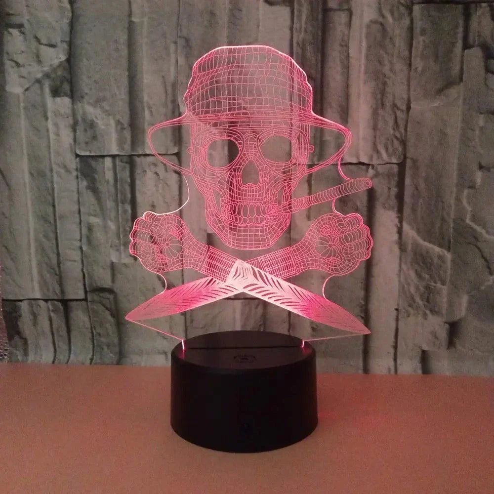 3D Skull Night Light with vibrant red glow on a compact base against a stone wall.