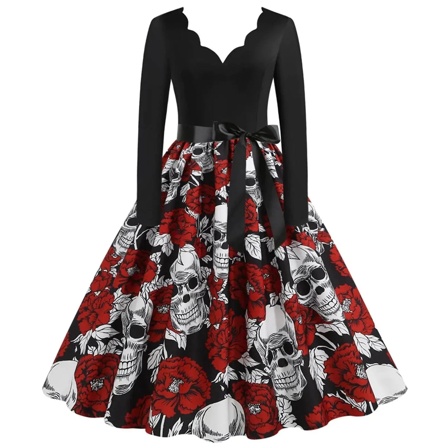 Chic skull pattern midi dress with a V-neck, long sleeves, and bold swing skirt design.