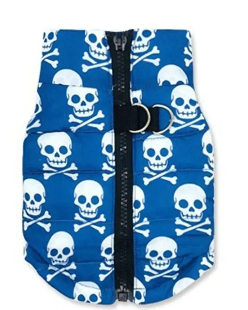 Blue skull cozy pet vest with stylish padded design.