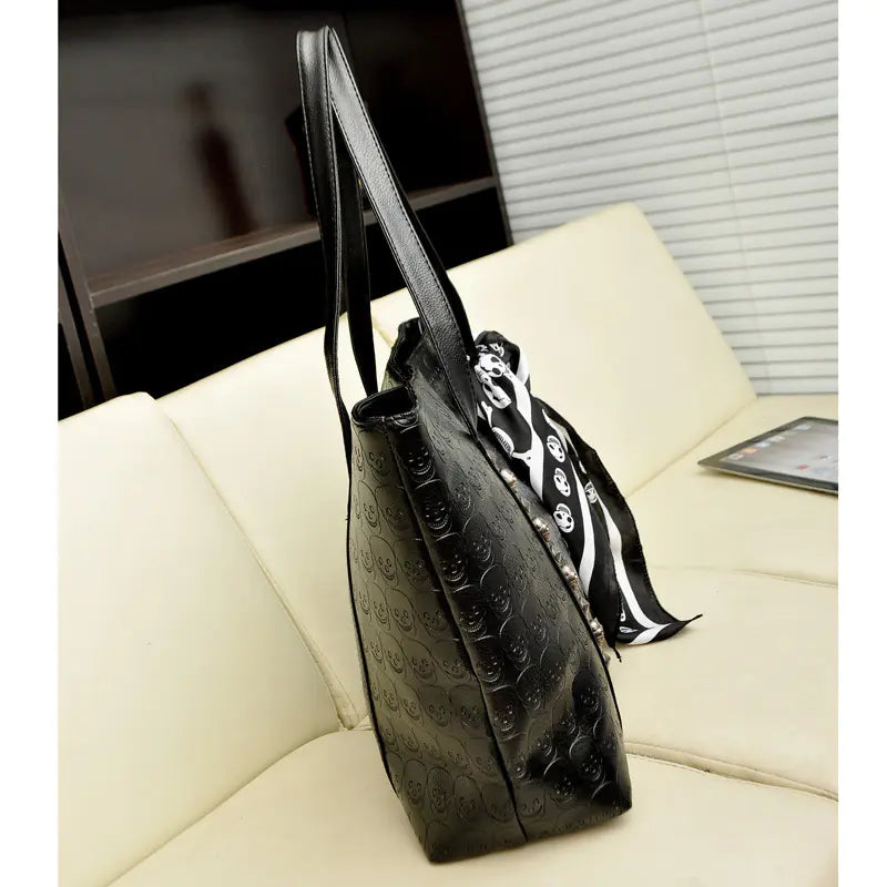 Chic Skull Embossed Tote Bag with PU Material and Flower Details