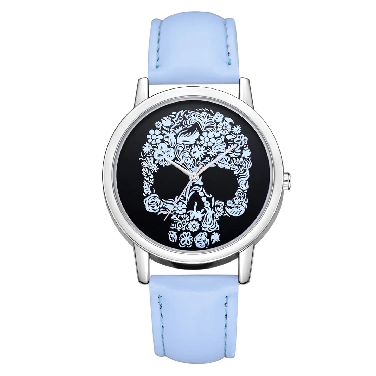 Skull Icon Quartz Watch with floral skull design and light blue strap.