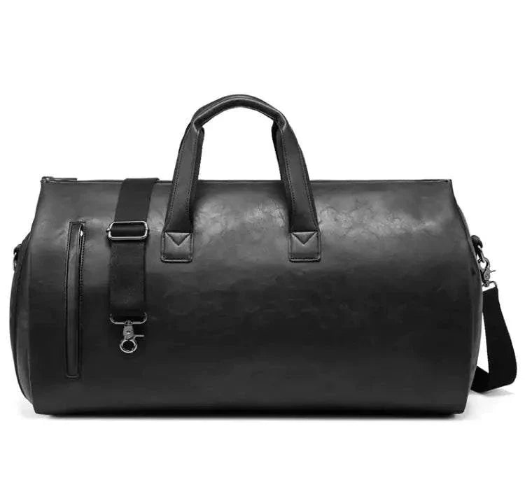 Waterproof leather duffle bag with adjustable strap, featuring sleek design and spacious interior.
