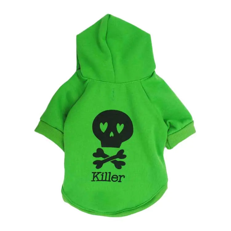 Green fleece dog hoodie with black skull design for Halloween.